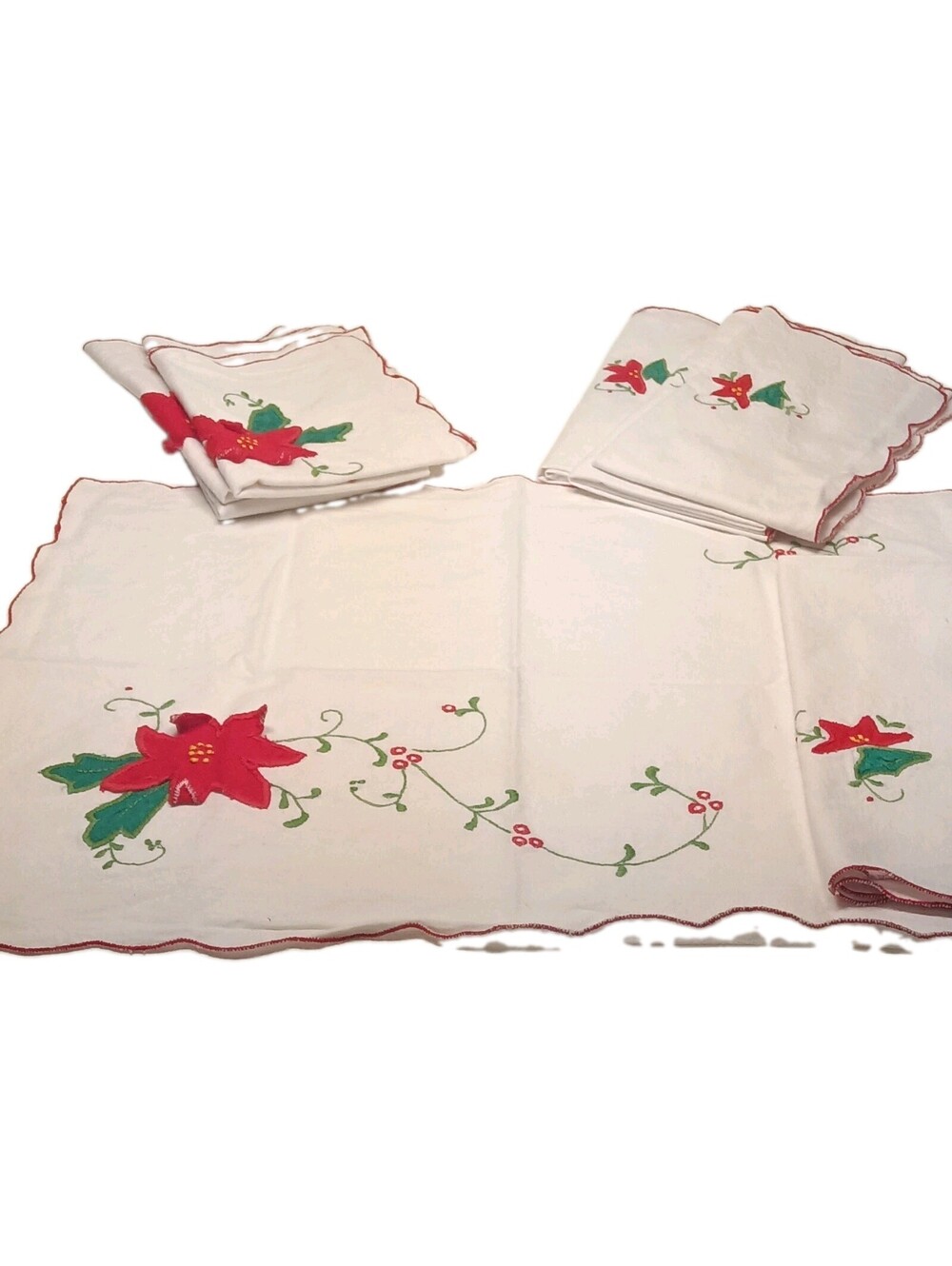 Embroider Christmas Floral Placemat & Napkins Set White Red Green Setting for 4